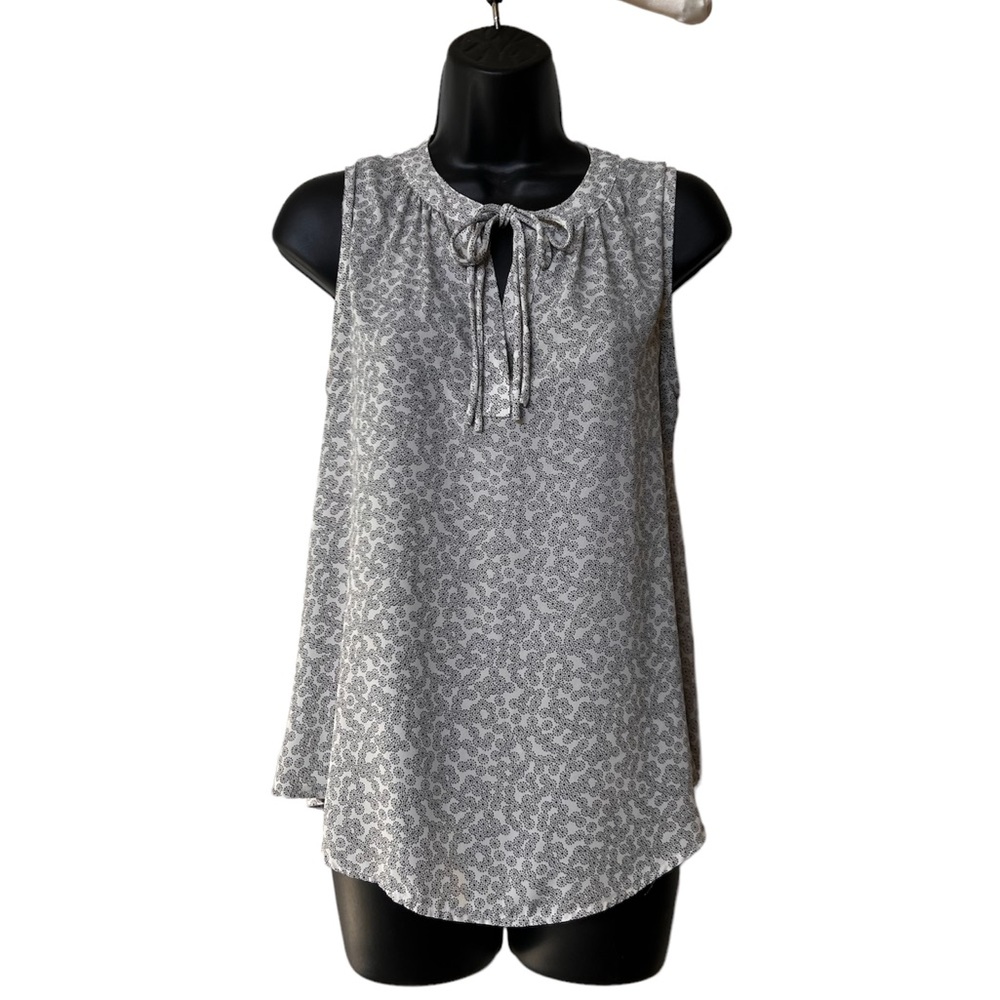 Ann Taylor Loft MP sleeveless rayon blouse, ivory & dark gray, classic elegance